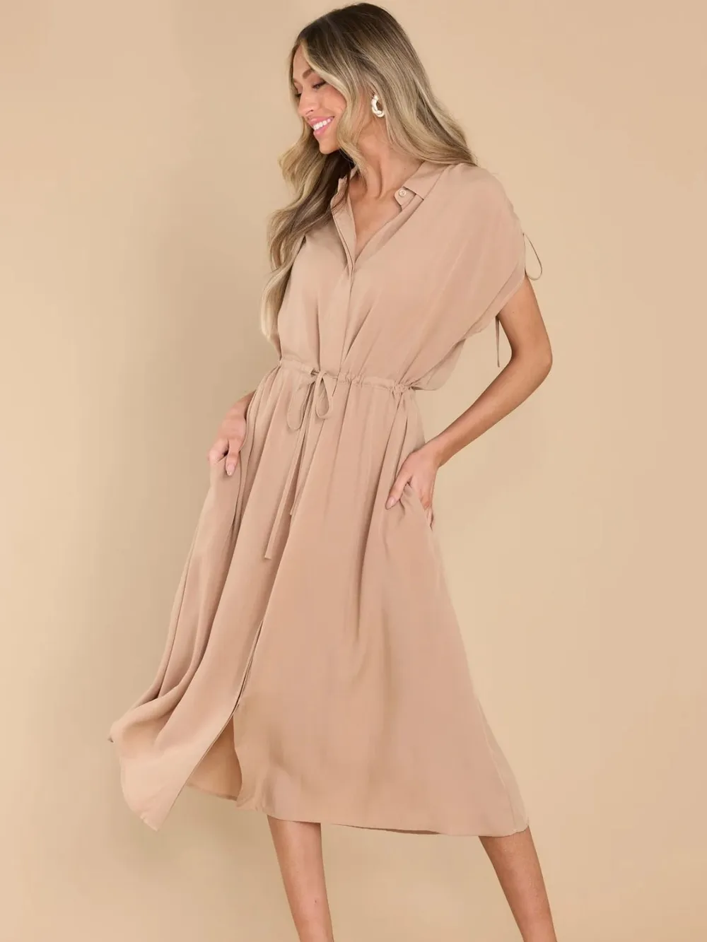 Drawstring Collared Neck Short Sleeve Midi Dress, image 4