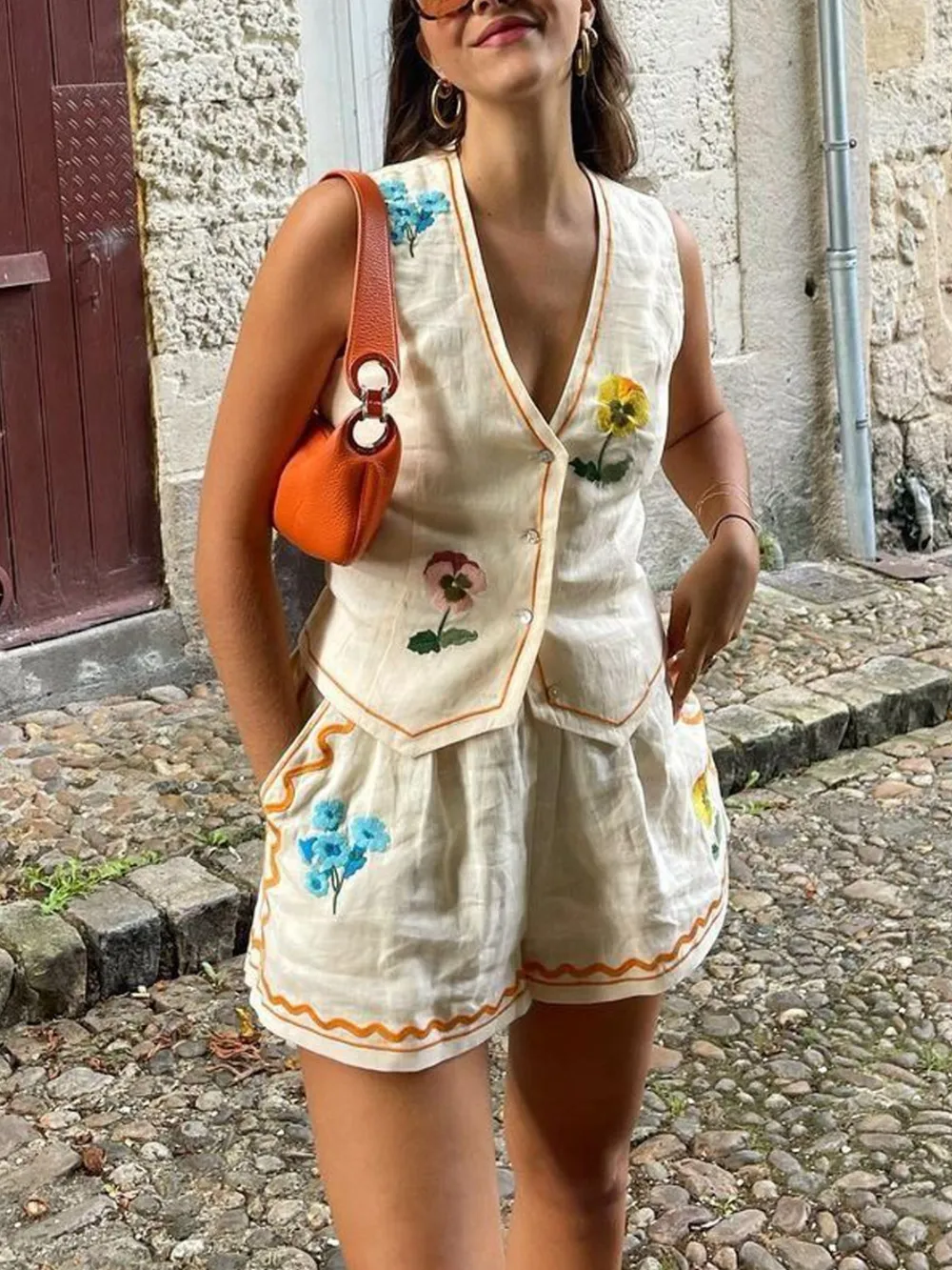 Floral Printed V-Neck Vest and Shorts Set, image 3