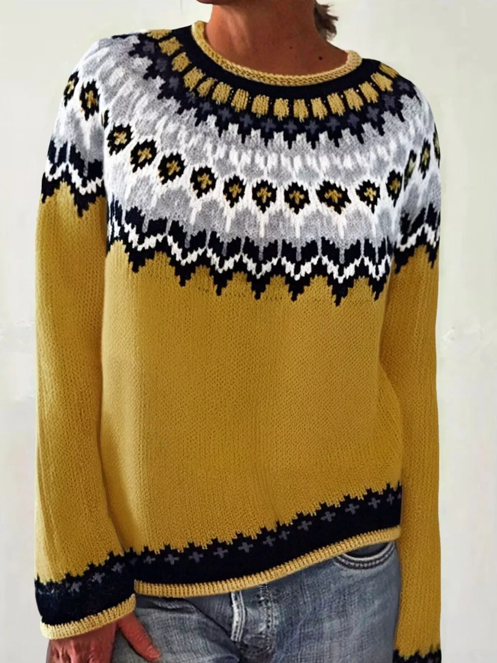 Full Size Vintage Patterned Round Neck Sweater Plus Size, image 27