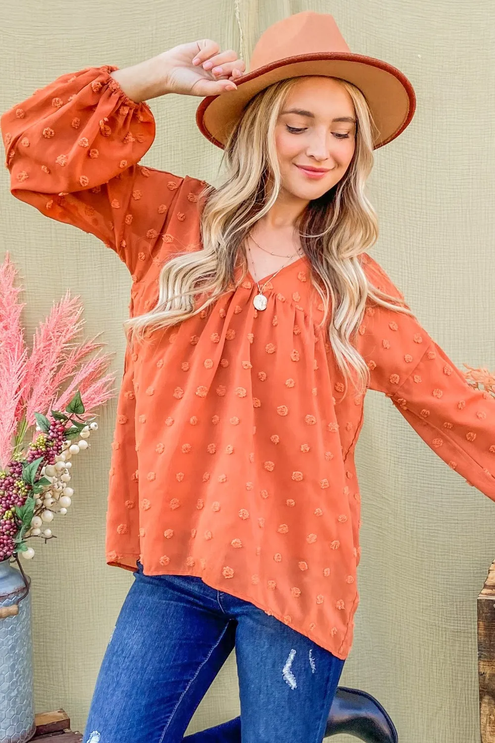 Swiss Dot V Neck Balloon Sleeve Woven Blouse, image 4