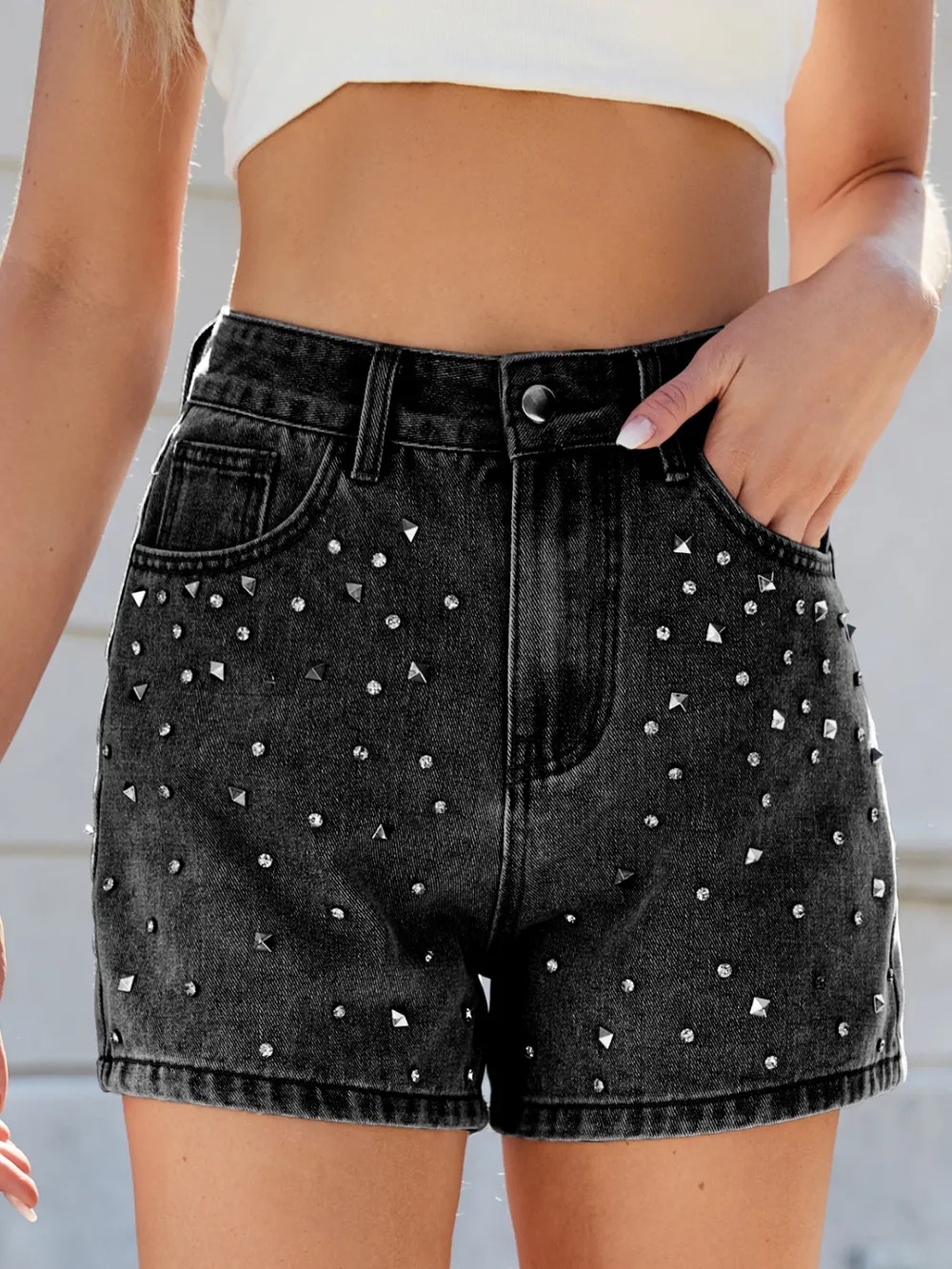 Rhinestone Washed High Waist Denim Shorts, image 5