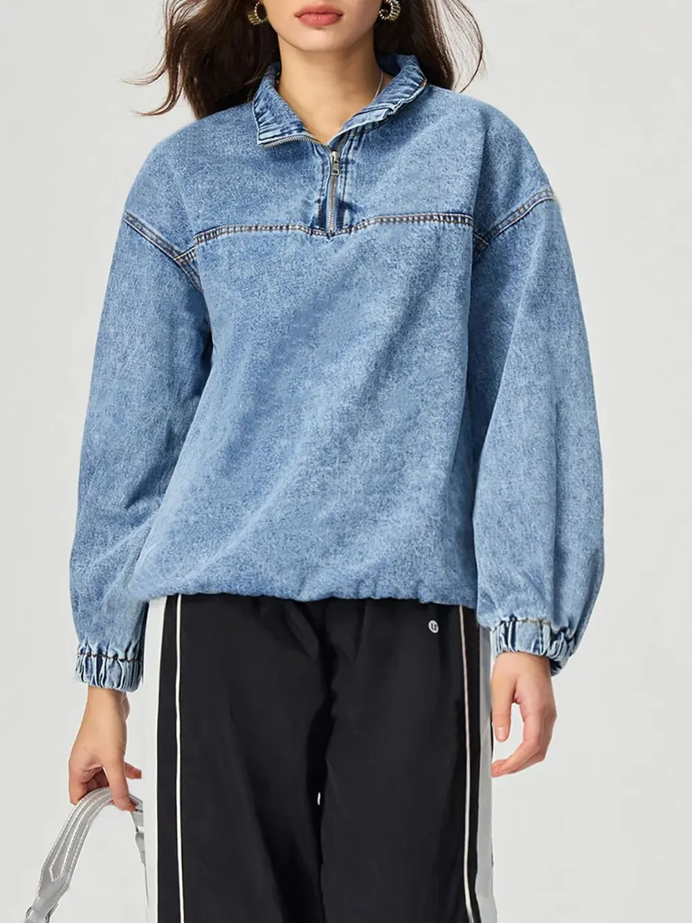 Quarter Zip Collared Neck Denim Top, image 3