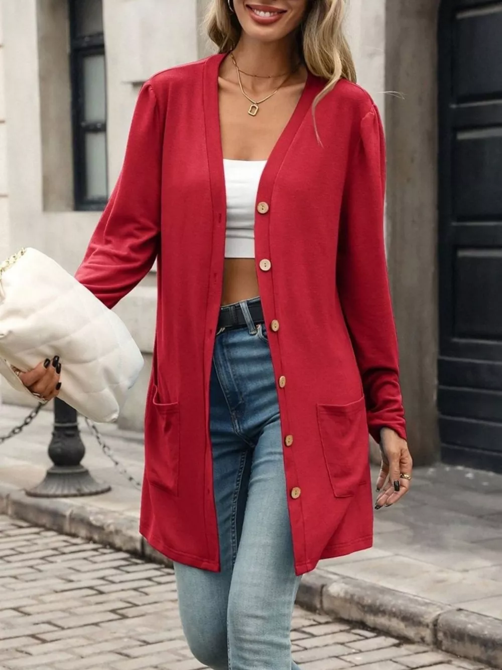 V-Neck Button-Up Long Sleeve Cardigan with Pockets, image 15