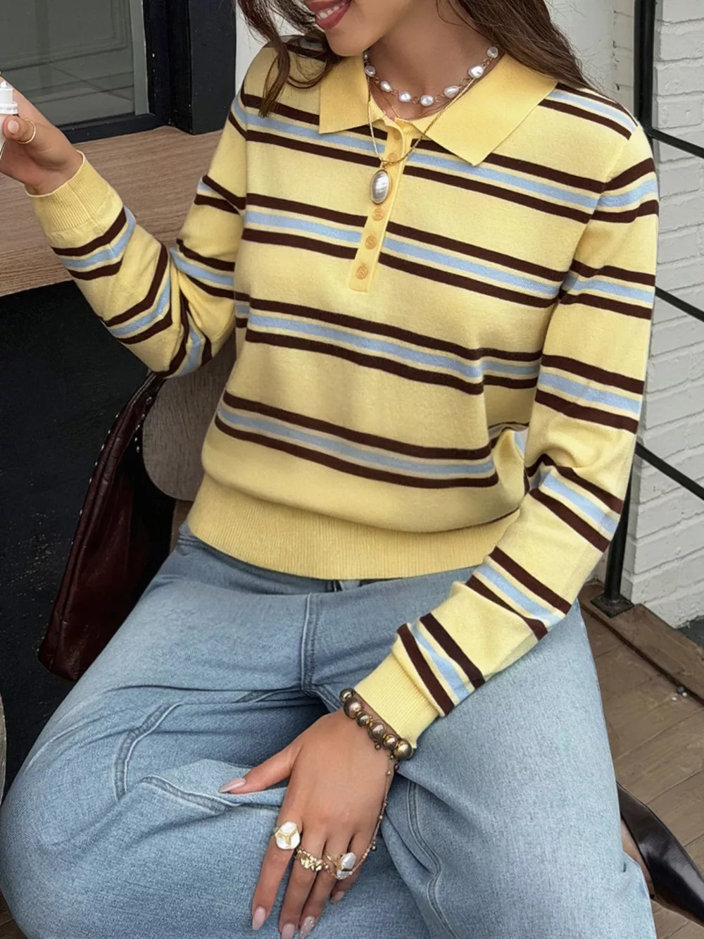 Striped Polo Collar Knit Top, image 3