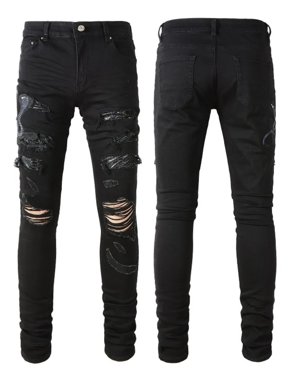 Men's Washed Snake Embroidered Slim Jeans, image 2