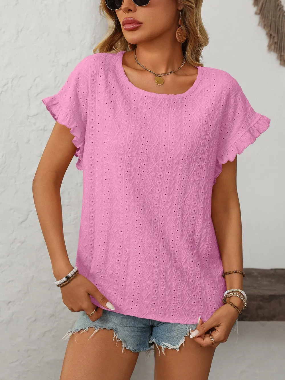 Eyelet Round Neck Short Sleeve Top, image 20