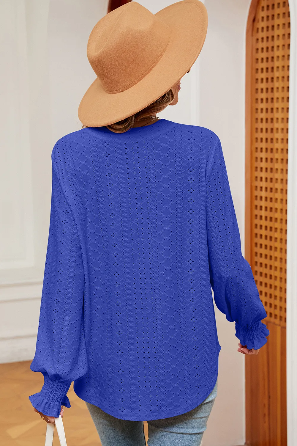 Eyelet Notched Long Sleeve T-Shirt, image 3