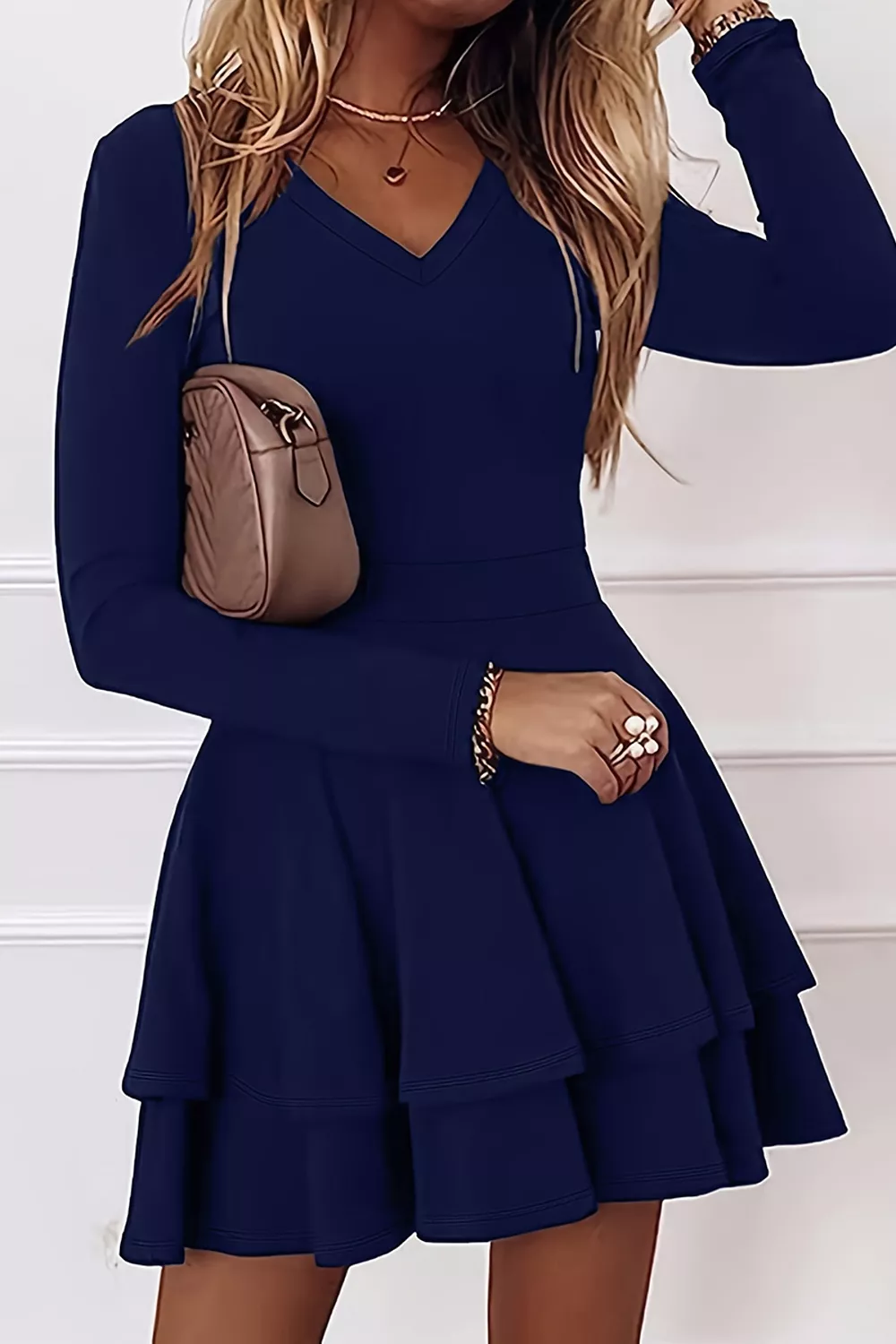 Layered Long Sleeve V-Neck Mini Dress, image 9