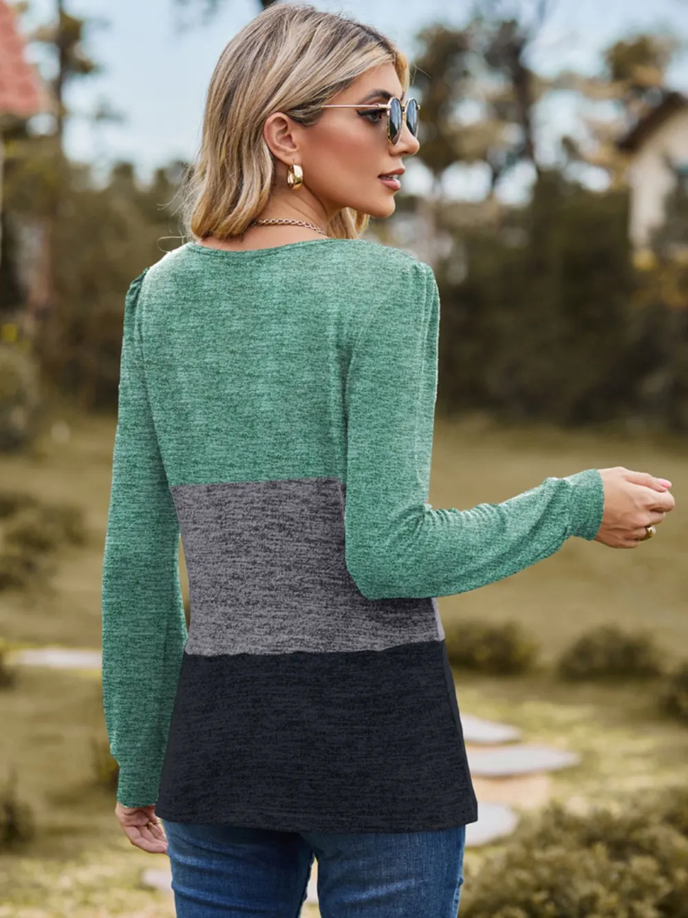 Color Block Square Neck Long Sleeve T-Shirt, image 7