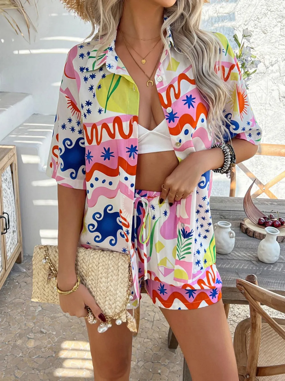Printed Button Down Shirt and Shorts Set, image 20