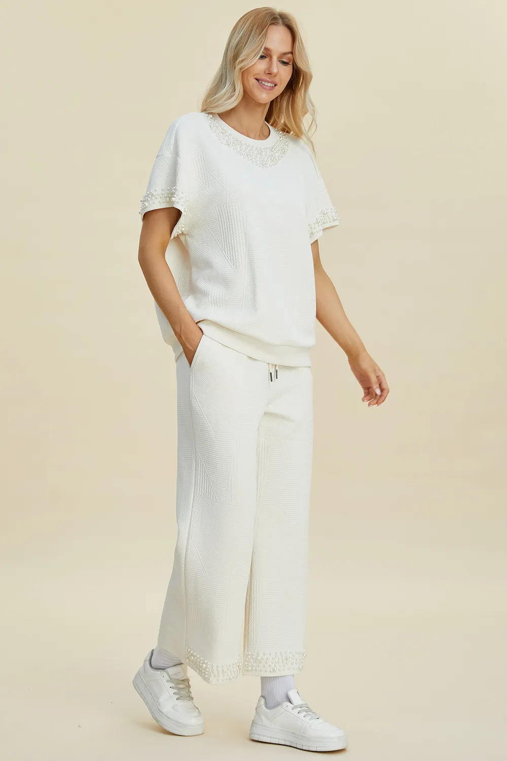 Full Size Pearl Detail Round Neck Top and Pants Set, image 7