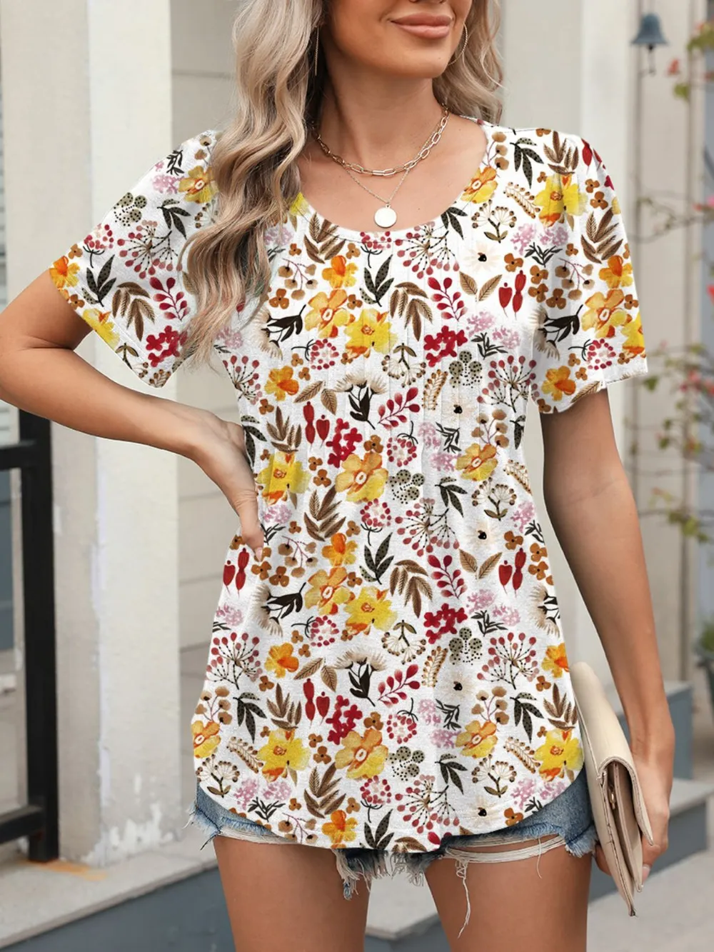 Floral Round Neck Short Sleeve Top, image 9