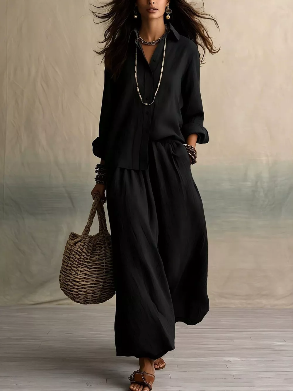 Full Size Button Up Shirt and Wide-Leg Pants Set Plus Size, image 3