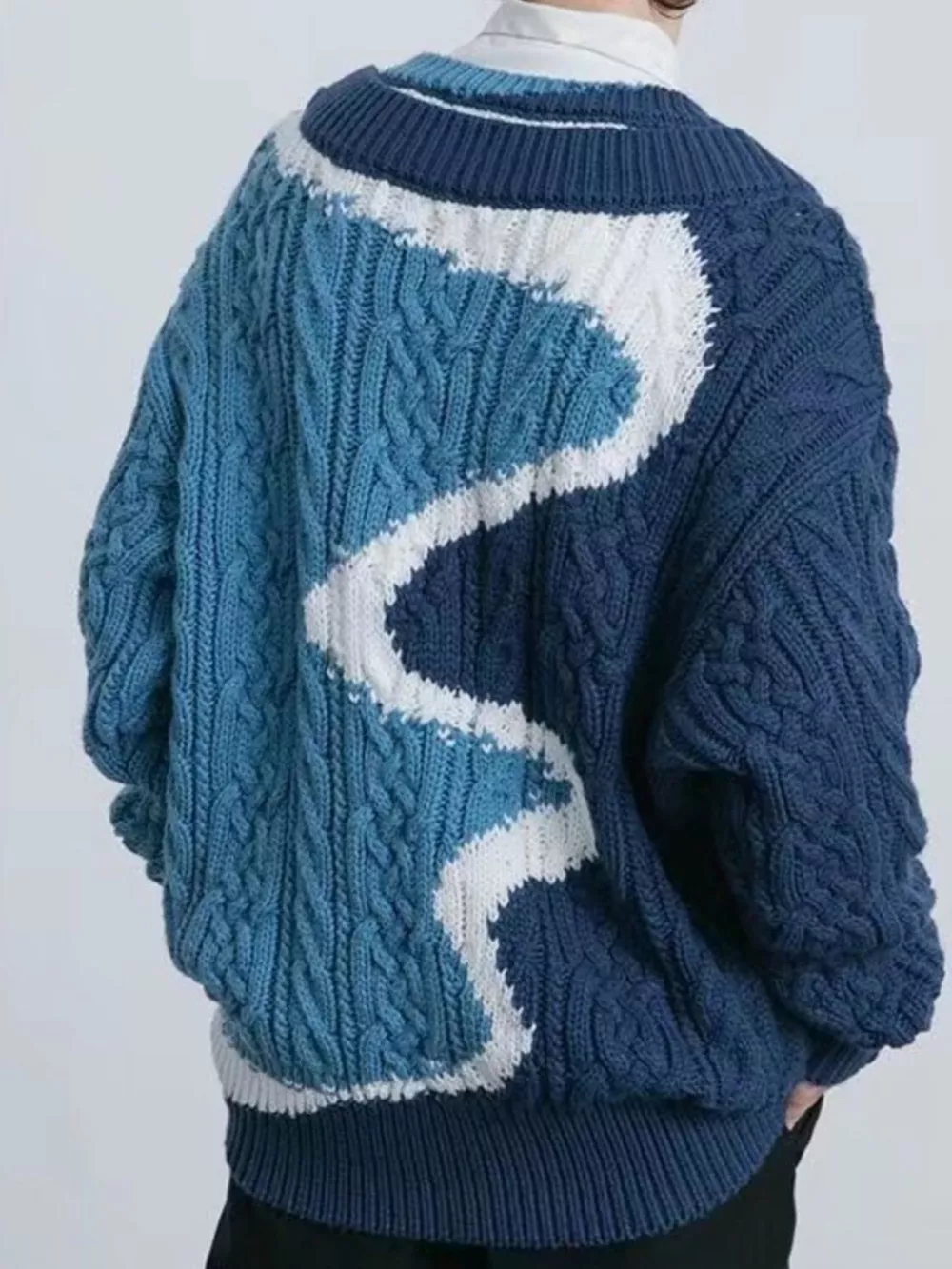 Men's Color Block Cable Knit V-Neck Sweater, image 3
