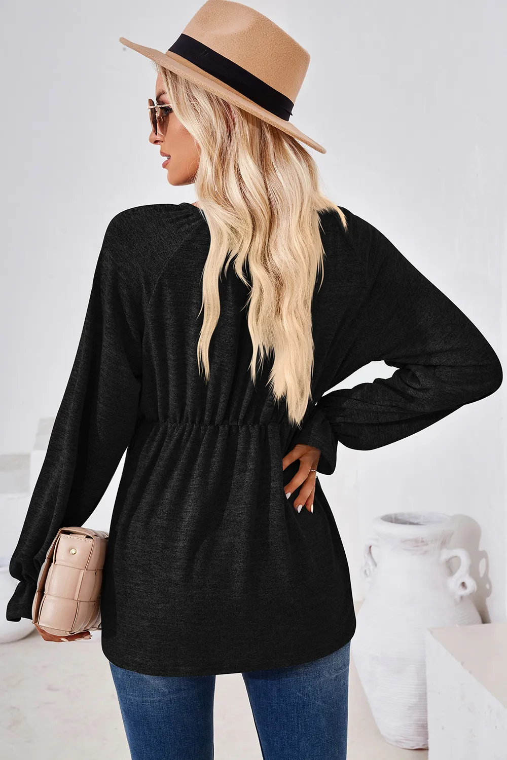 Ruched Round Neck Flounce Sleeve Blouse, image 2