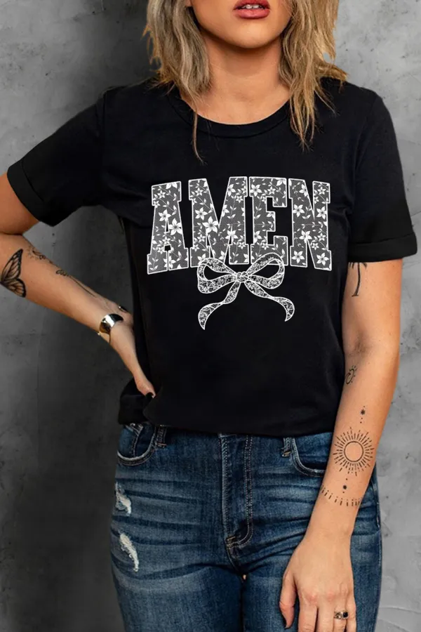 AMEN Bow Round Neck Short Sleeve T Shirt, image 3