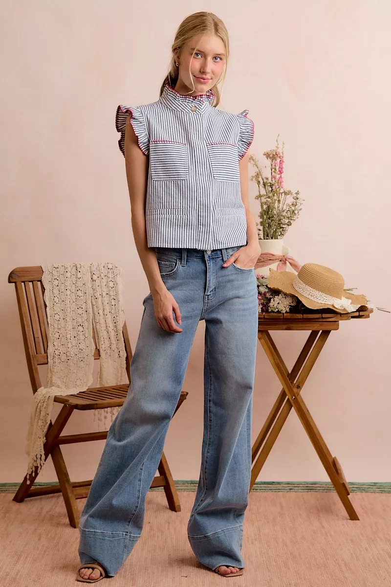 Stripe Twill Stitch Ruffled Hidden Button Vest Top, image 22