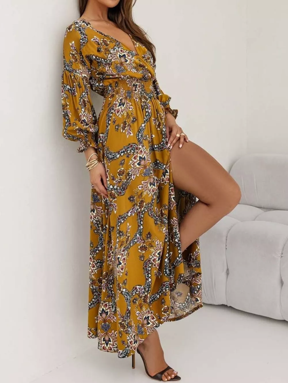 Bohemian Printed Maxi Dress with Plunging Neckline, image 13