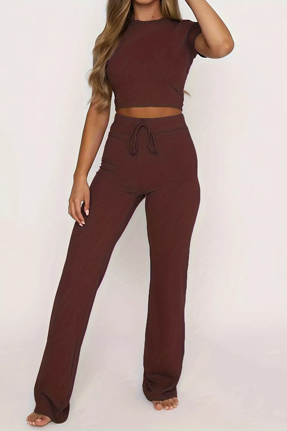 Round Neck Short Sleeve Top and Pants Set, image 12