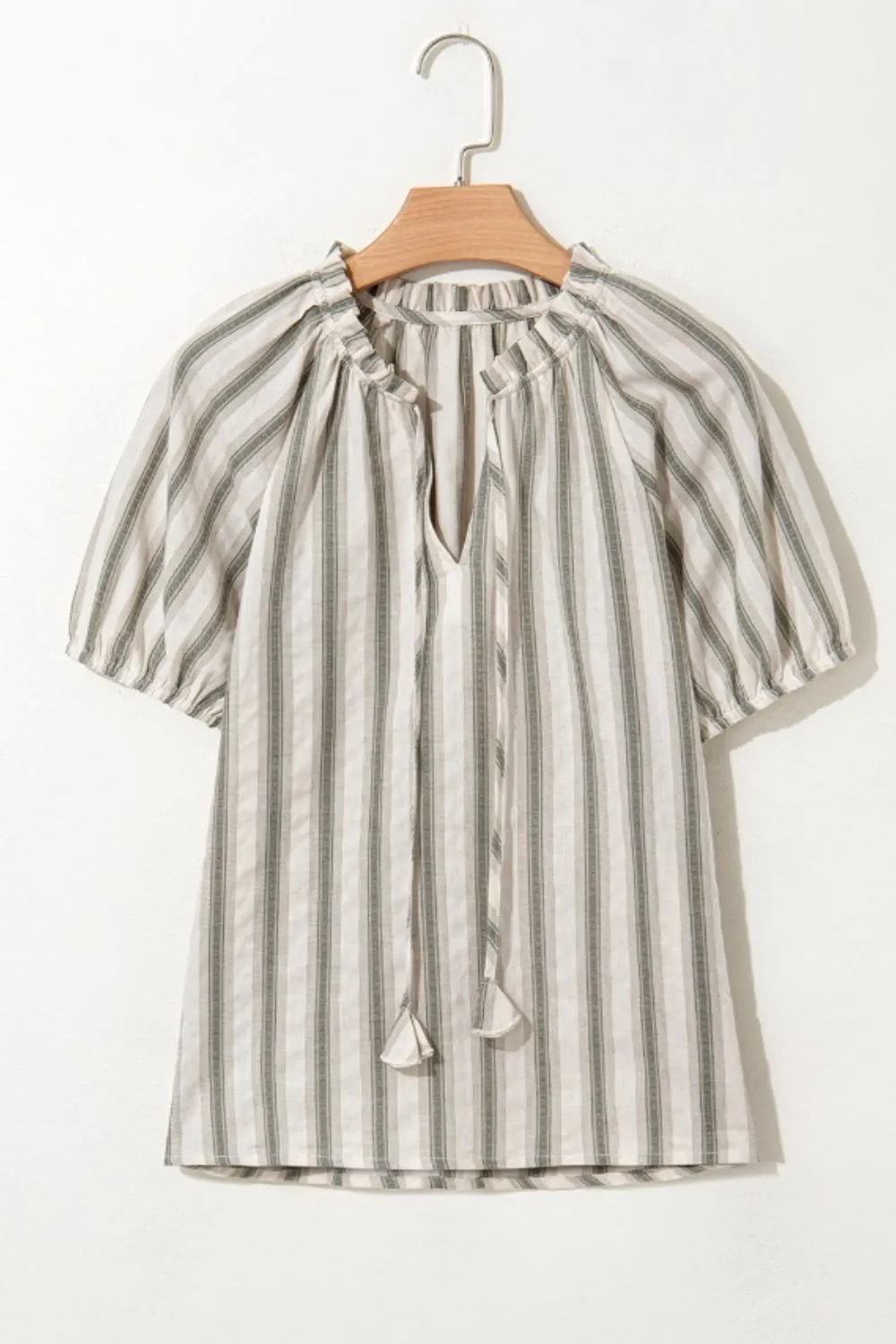 Stripe Frilled Tie Neck Short Sleeve Blouse, image 6