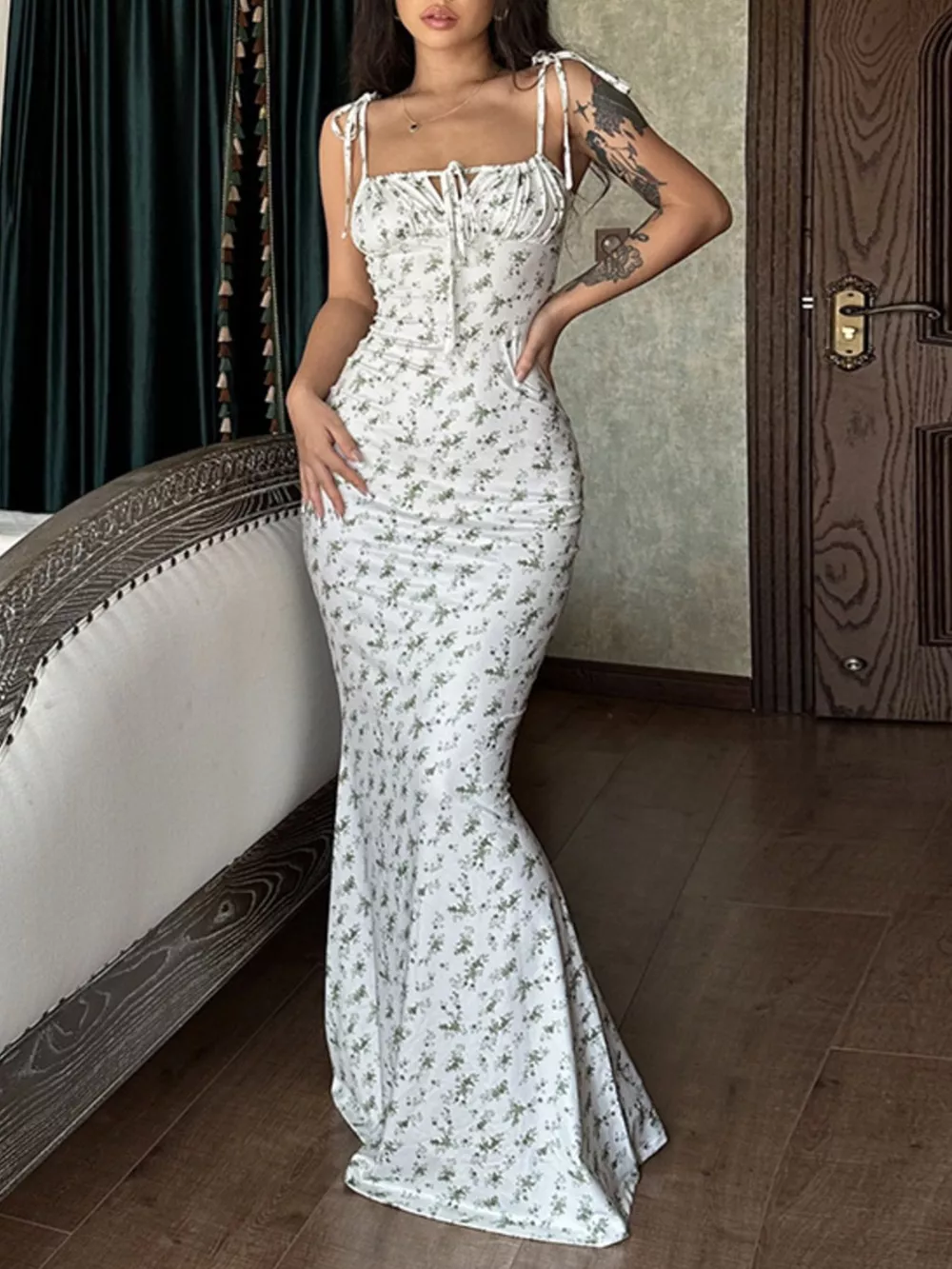 Floral Print Tie Strap Bodycon Maxi Dress, image 3