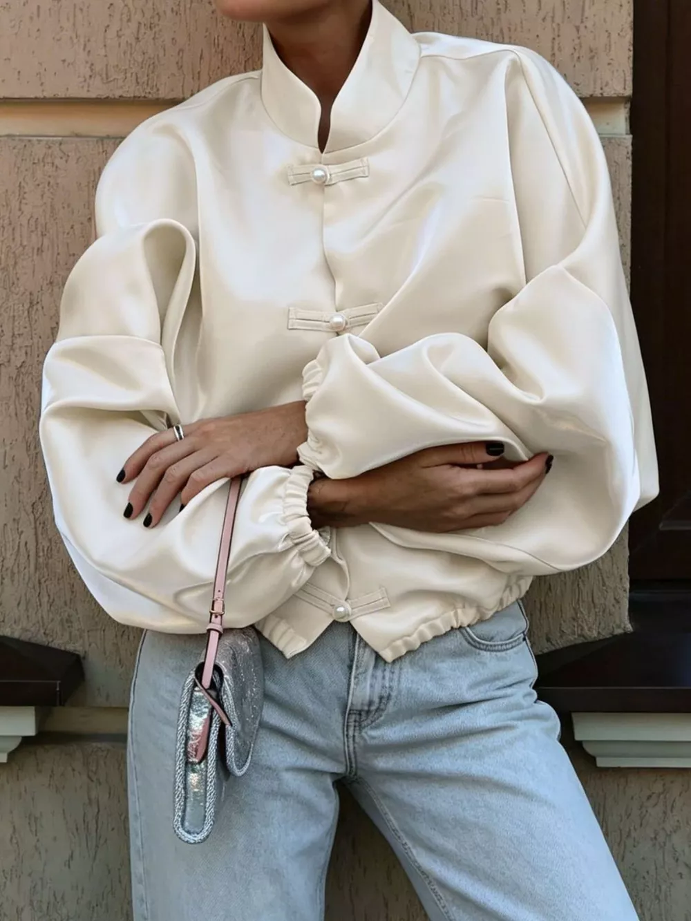 Mandarin Collar Pearl Button Shacket, image 11
