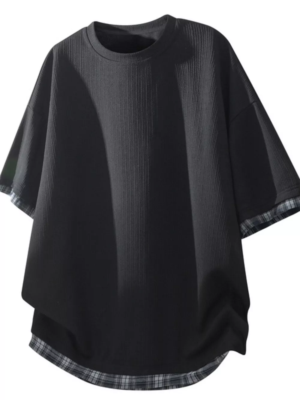 Men's Plus Size Short Sleeve Round Neck Plaid Trim T-Shirt