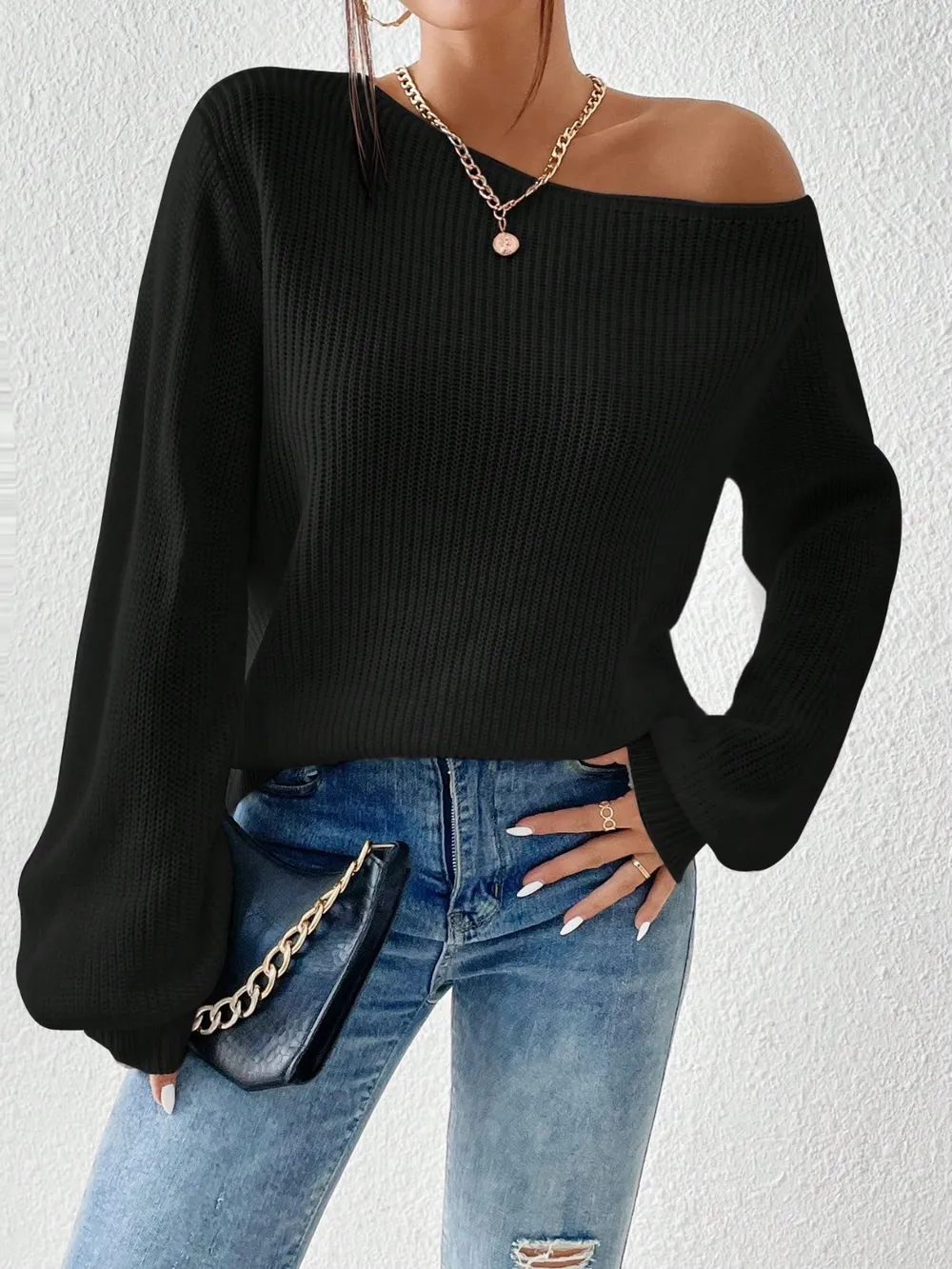 Single Shoulder Long Sleeve Sweater, image 12