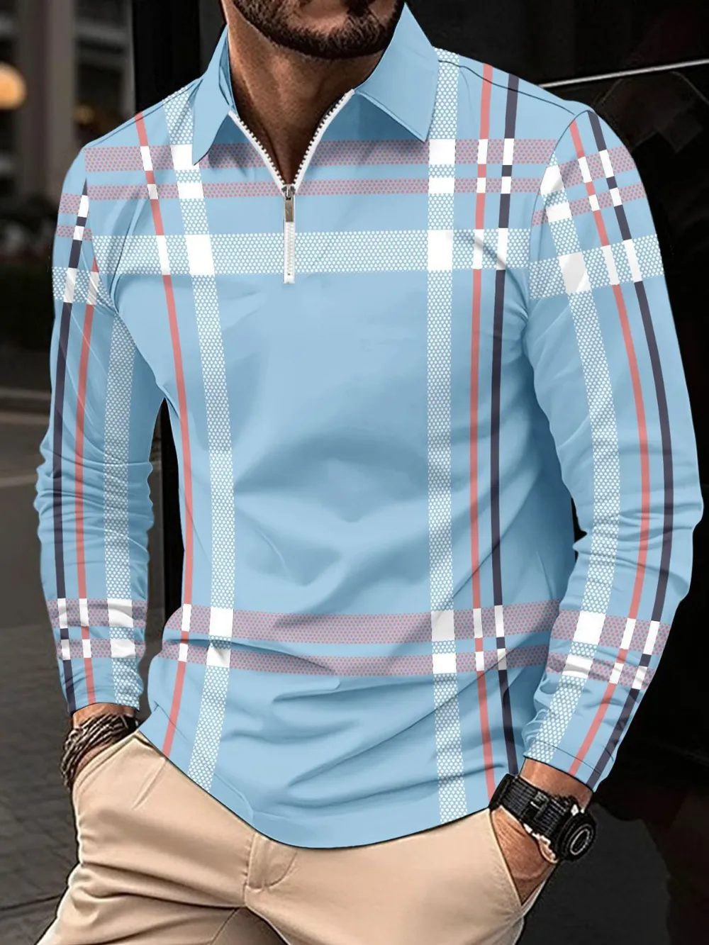 Men's Full Size Plaid Zip Collar Long Sleeve Polo Plus Size, image 9