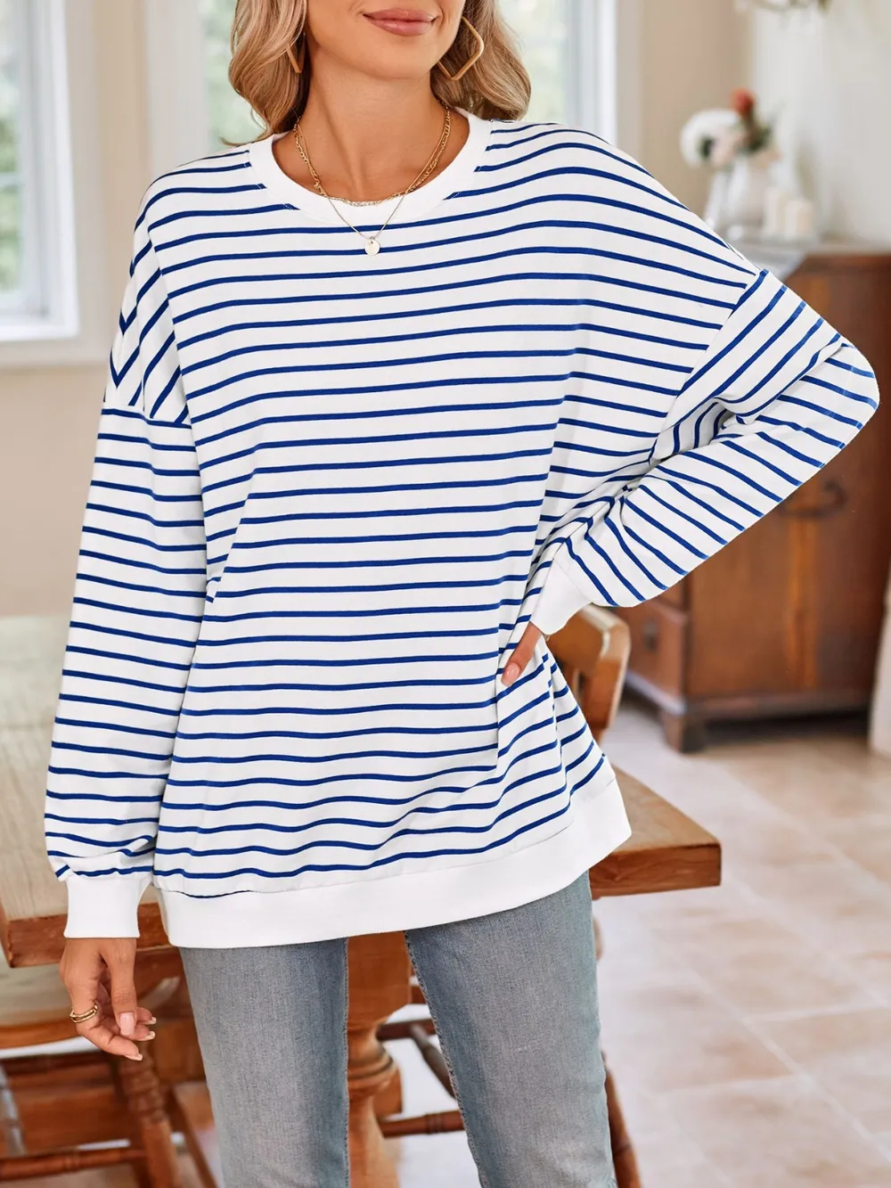 Striped Round Neck Long Sleeve Sweatshirt, image 11