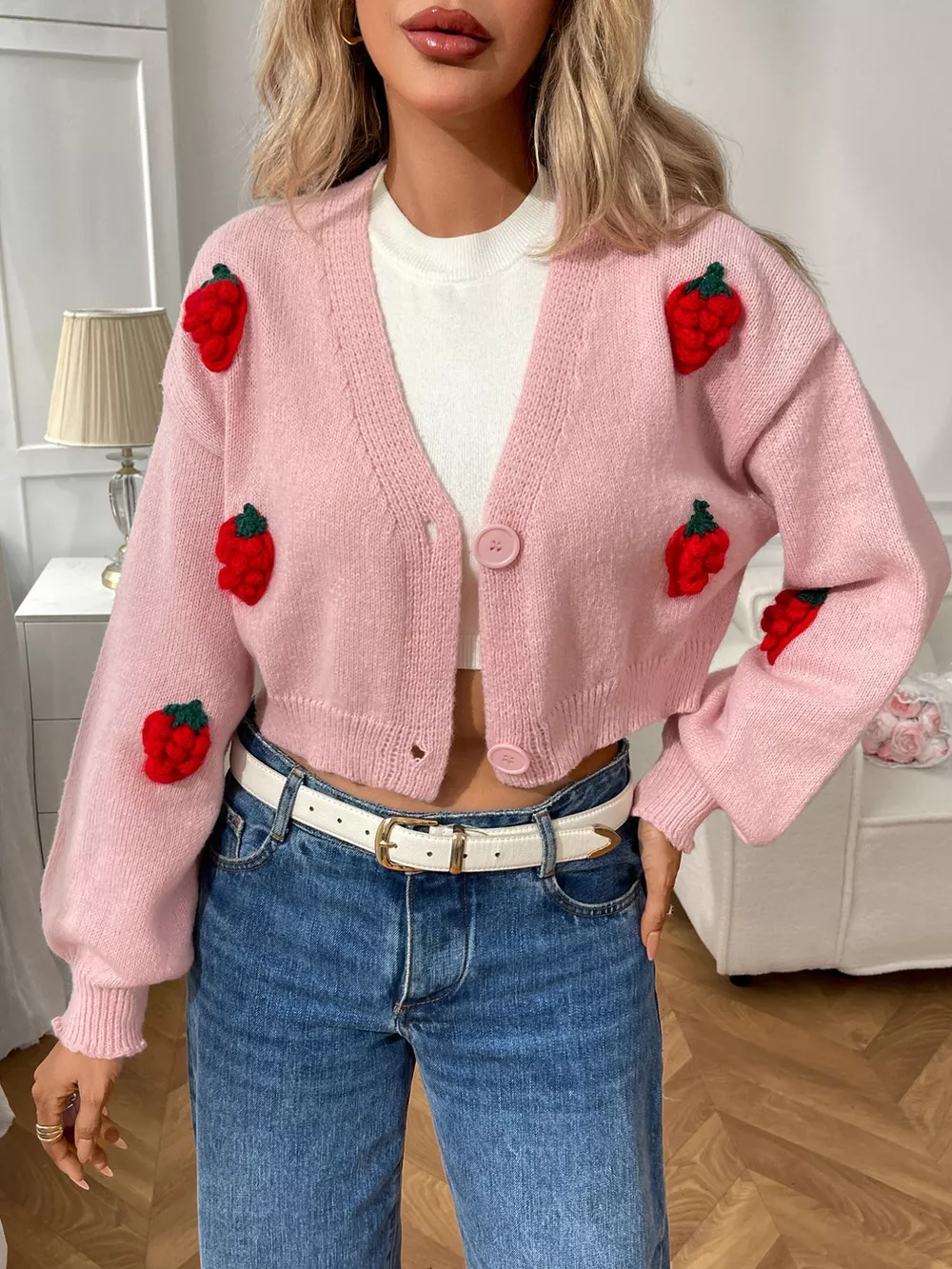 Strawberry Cropped Button-Up Cardigan, image 9
