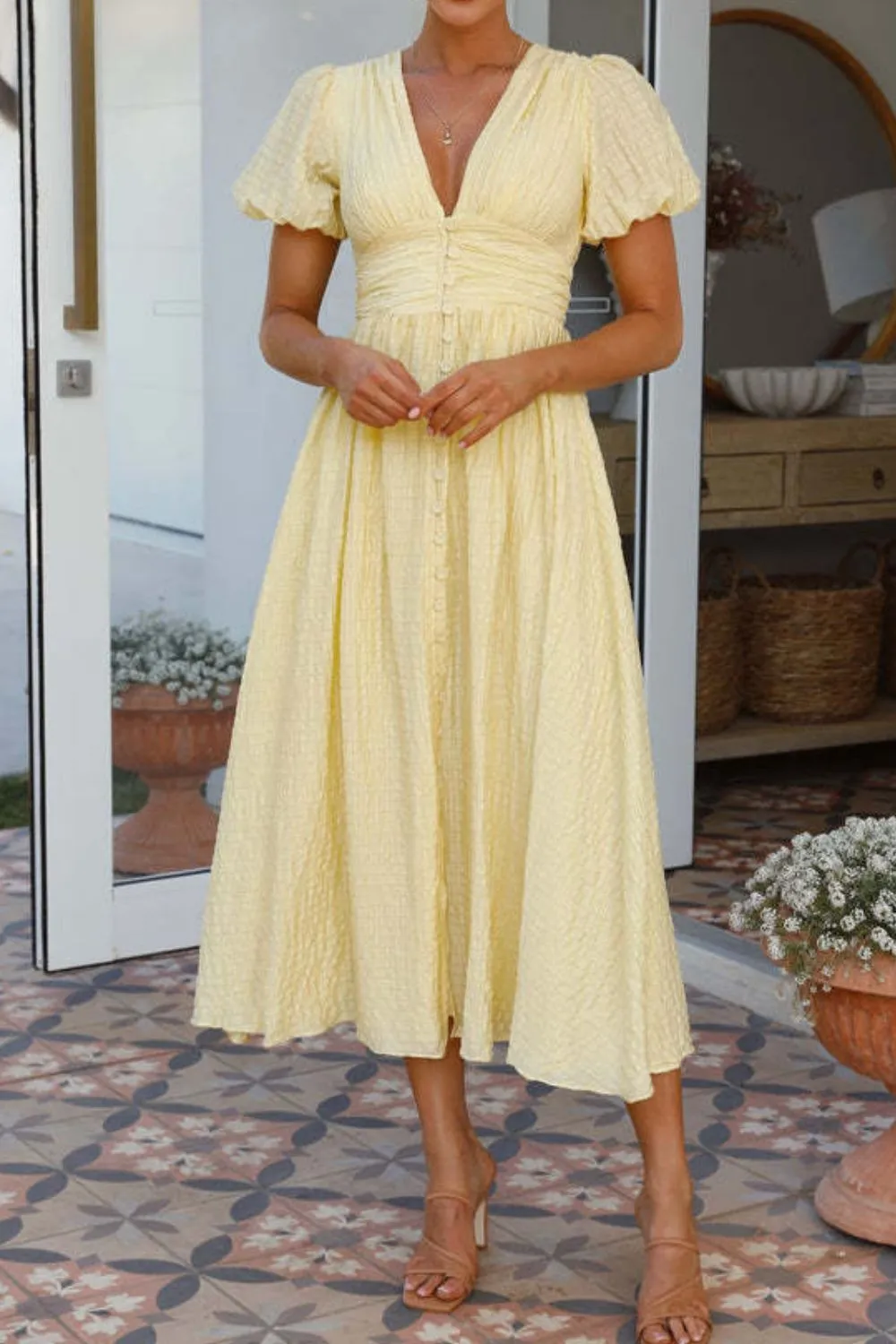 V-Neck Puff Short Sleeve Midi Dress, image 11