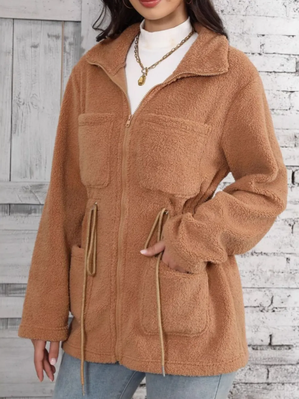 Drawstring Zip Up Long Sleeve Outerwear, image 4