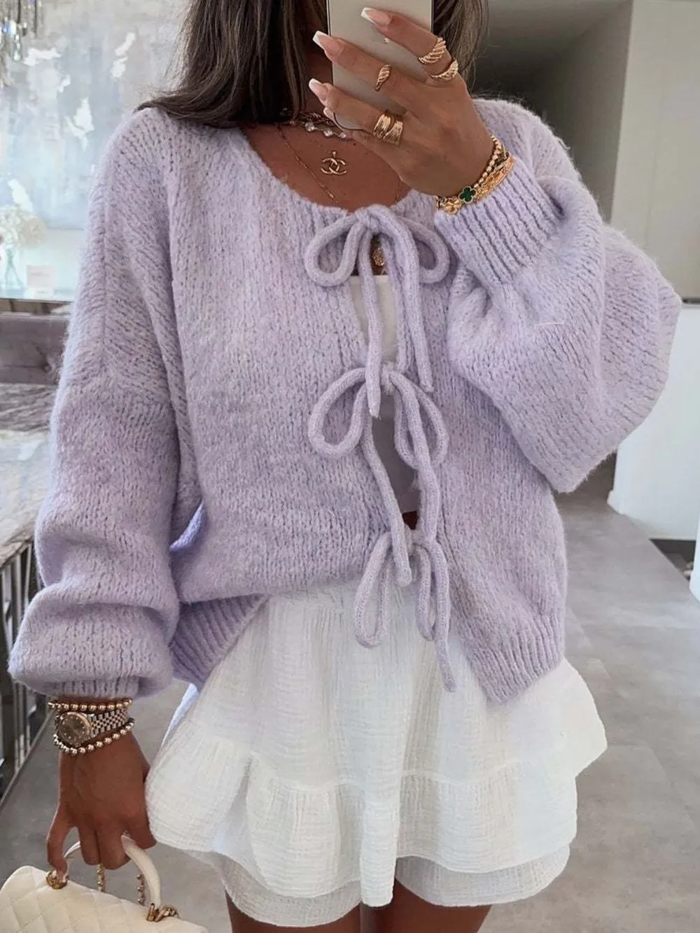Cozy Bow-Tie Front Knit Cardigan, image 14
