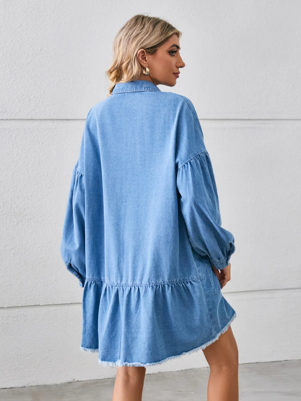 Button Up Pocketed Raw Hem Denim Dress, image 5