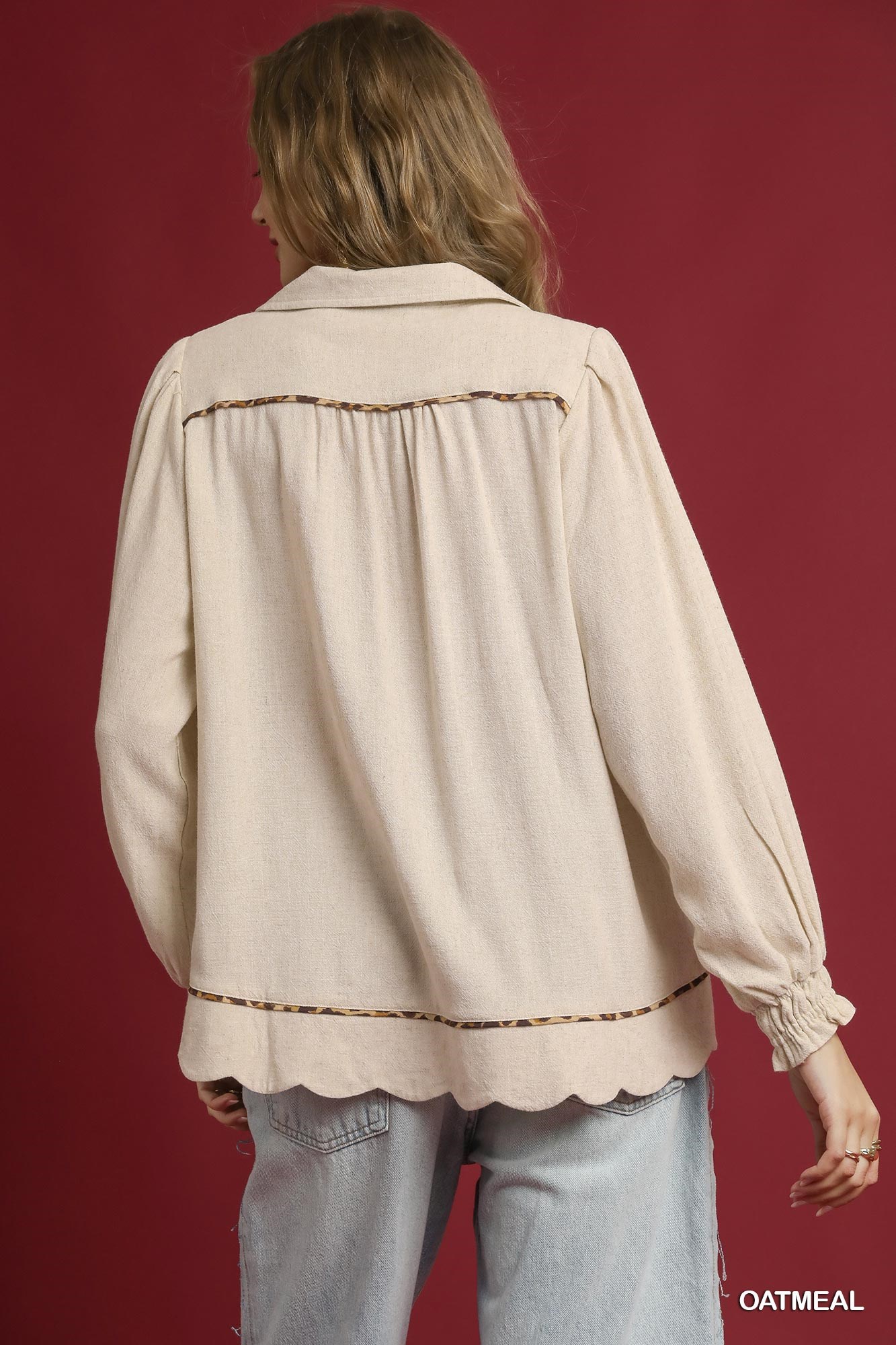Full Size Linen Scallop Hem Blouse with Contrast Trim Plus Size, image 3