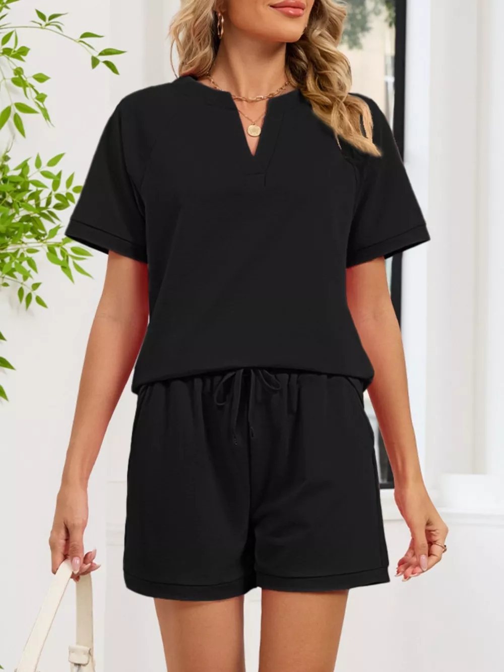 Notched Short Sleeve Top and Shorts Set, image 8