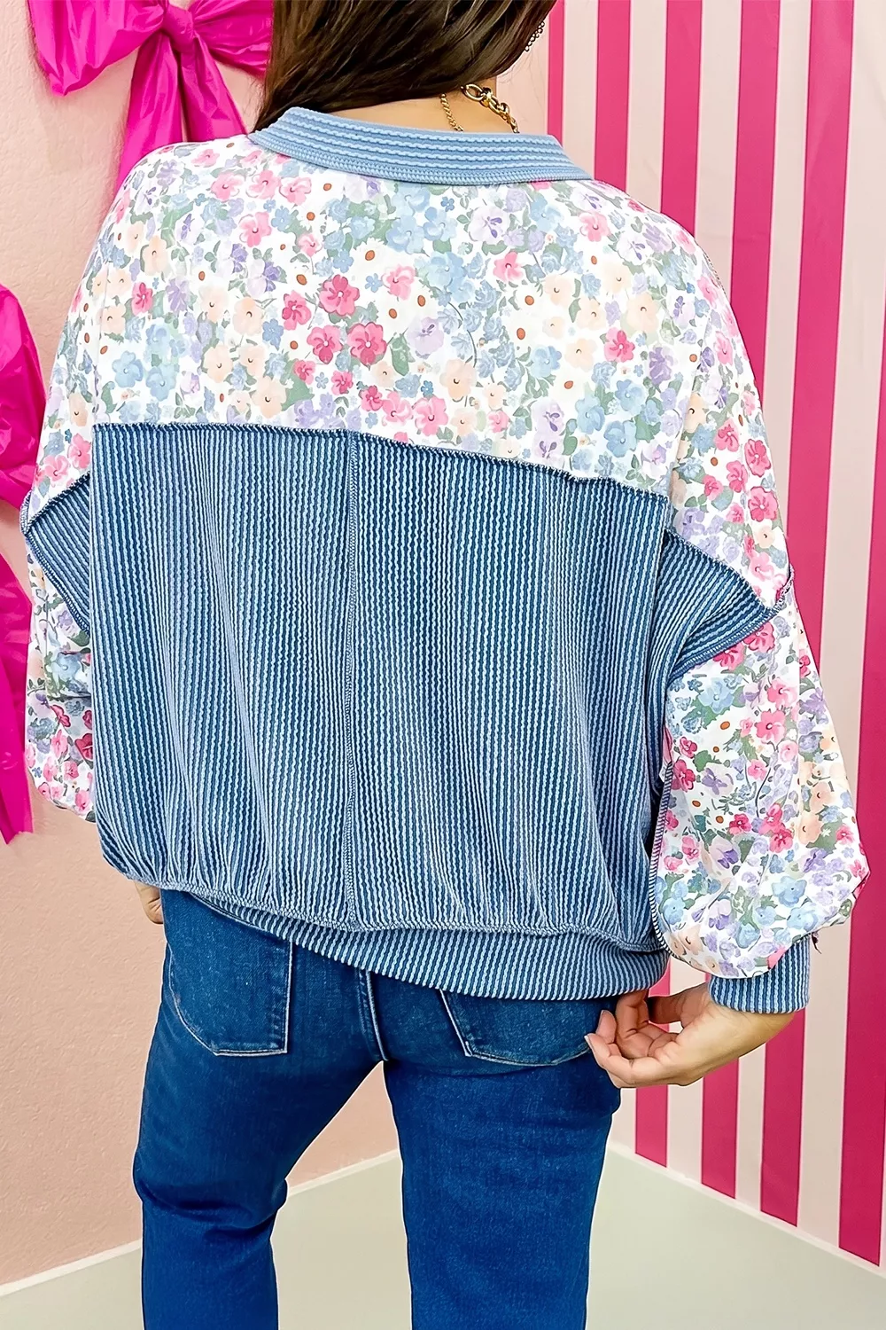 Multicolour Floral Print Round Neck Long Sleeve Shift Top, image 5