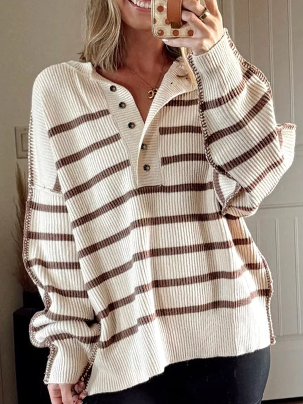 Stripe Ribbed Henley Drop Shoulder Slouchy Sweater, image 2