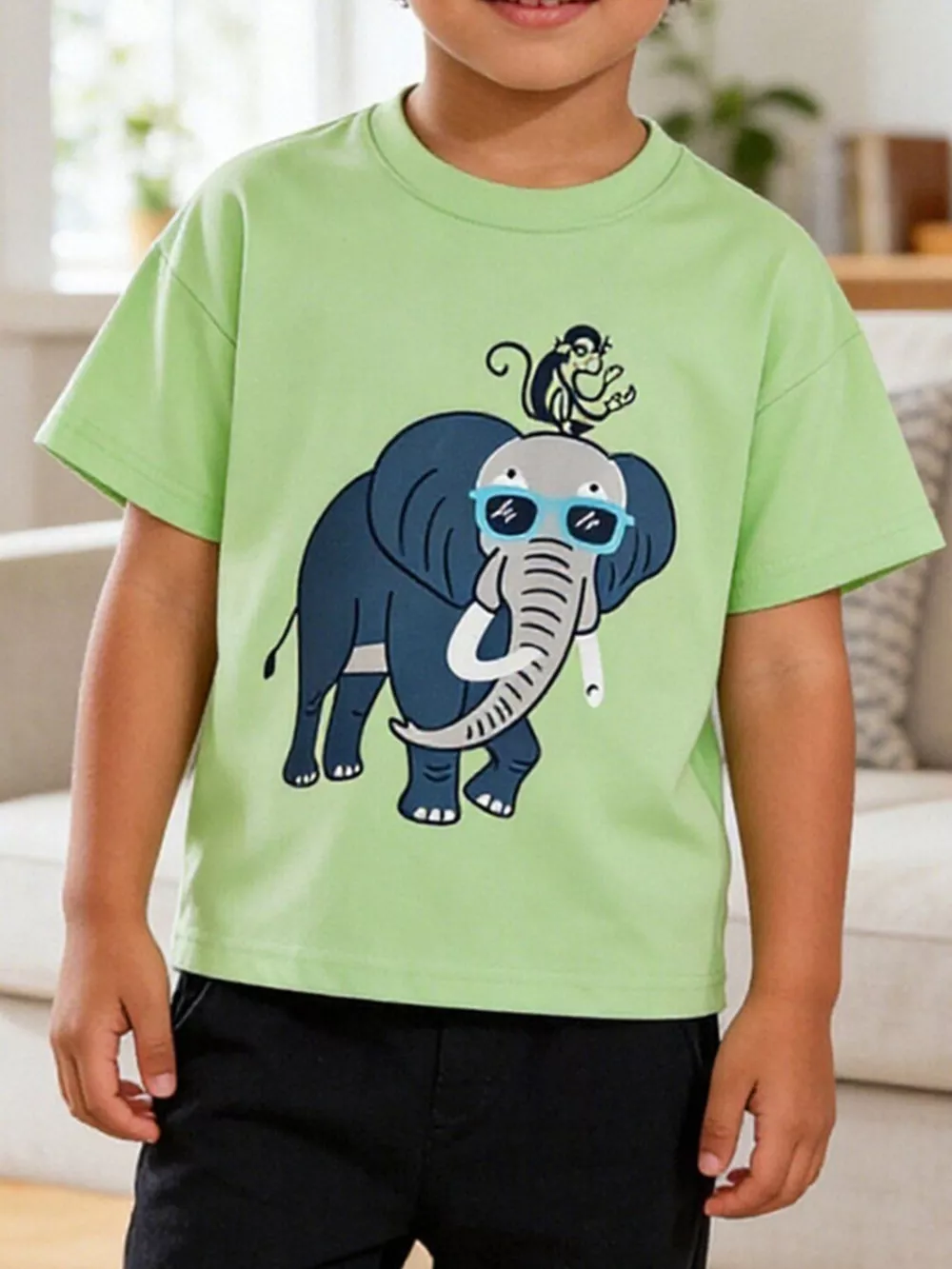 Children's Elephant Graphic Round Neck T-Shirt