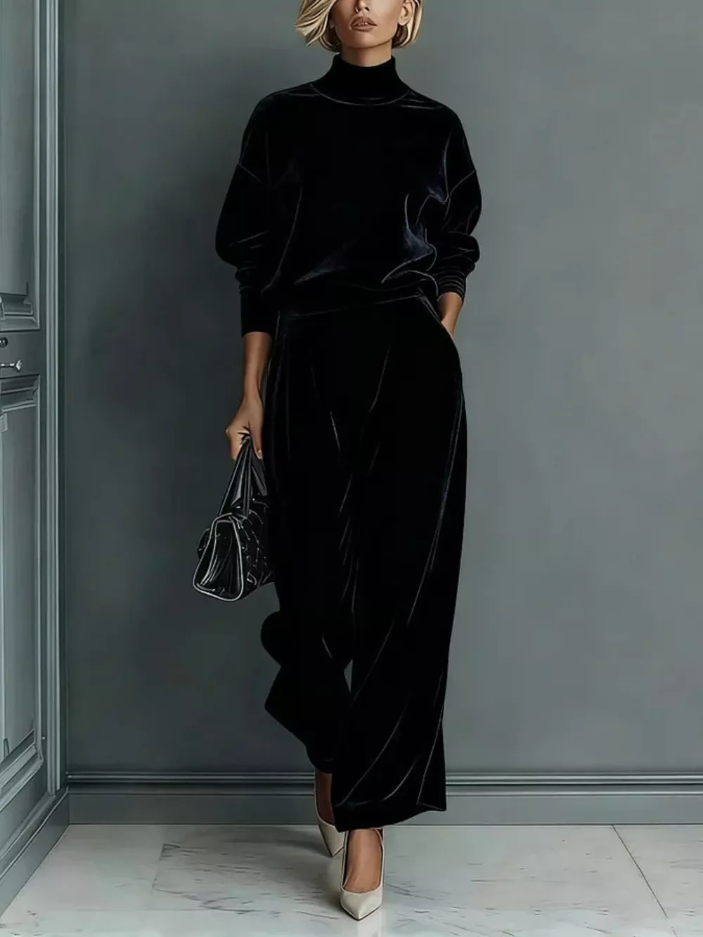 Full Size Elegant Velvet Mock Neck Long Sleeve Top and Wide-Leg Pants Set Plus Size, image 8