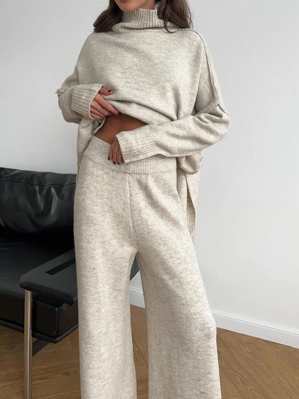 Slit Turtleneck Long Sleeve Top and Pants Sweater Set, image 8