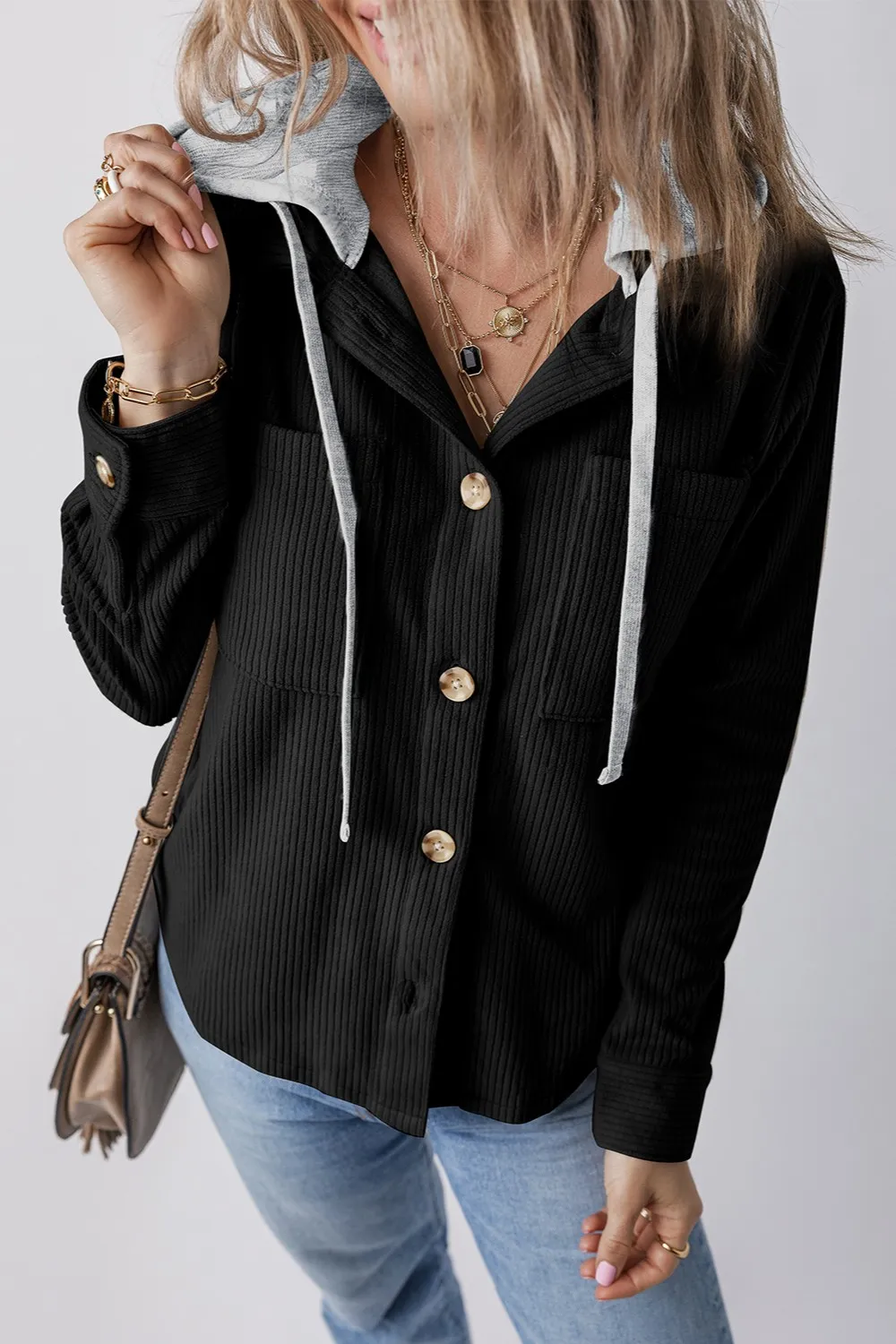 Drawstring Button Up Long Sleeve Hooded Jacket, image 8