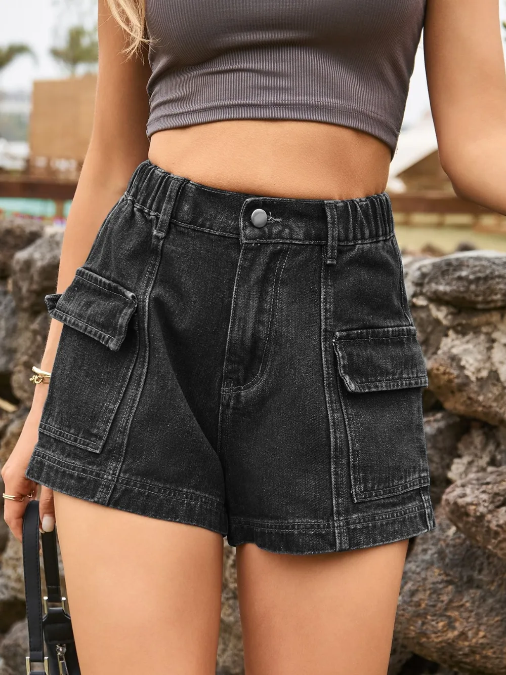 High Waist Denim Shorts with Pockets, image 14