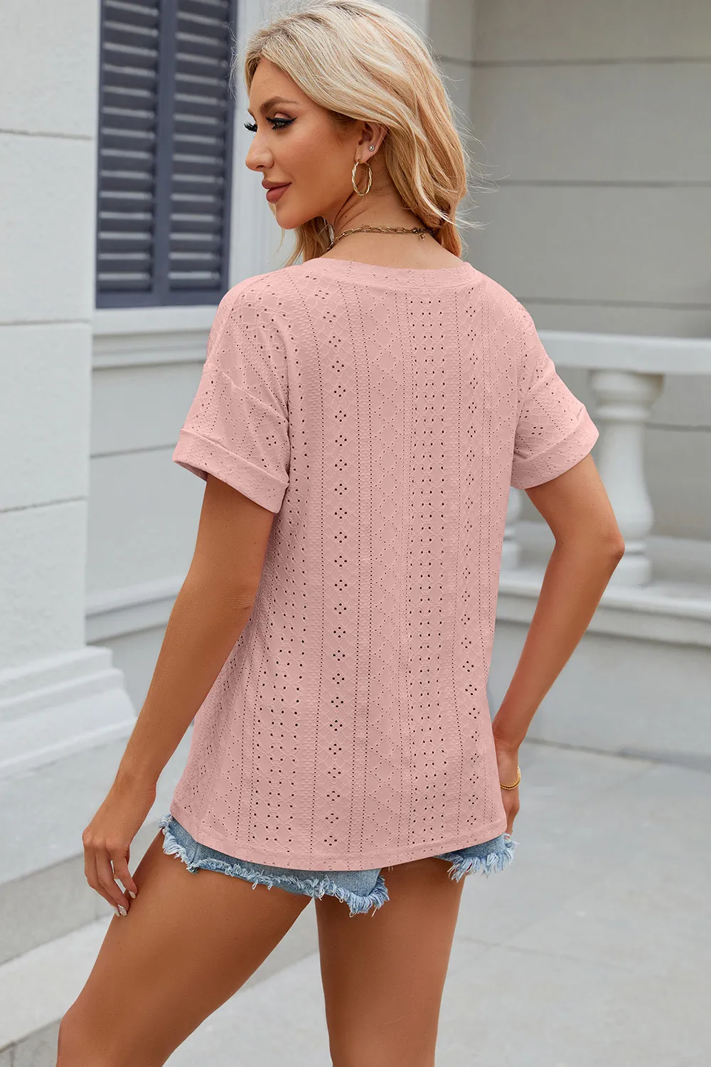 Eyelet V-Neck Short Sleeve T-Shirt, image 11