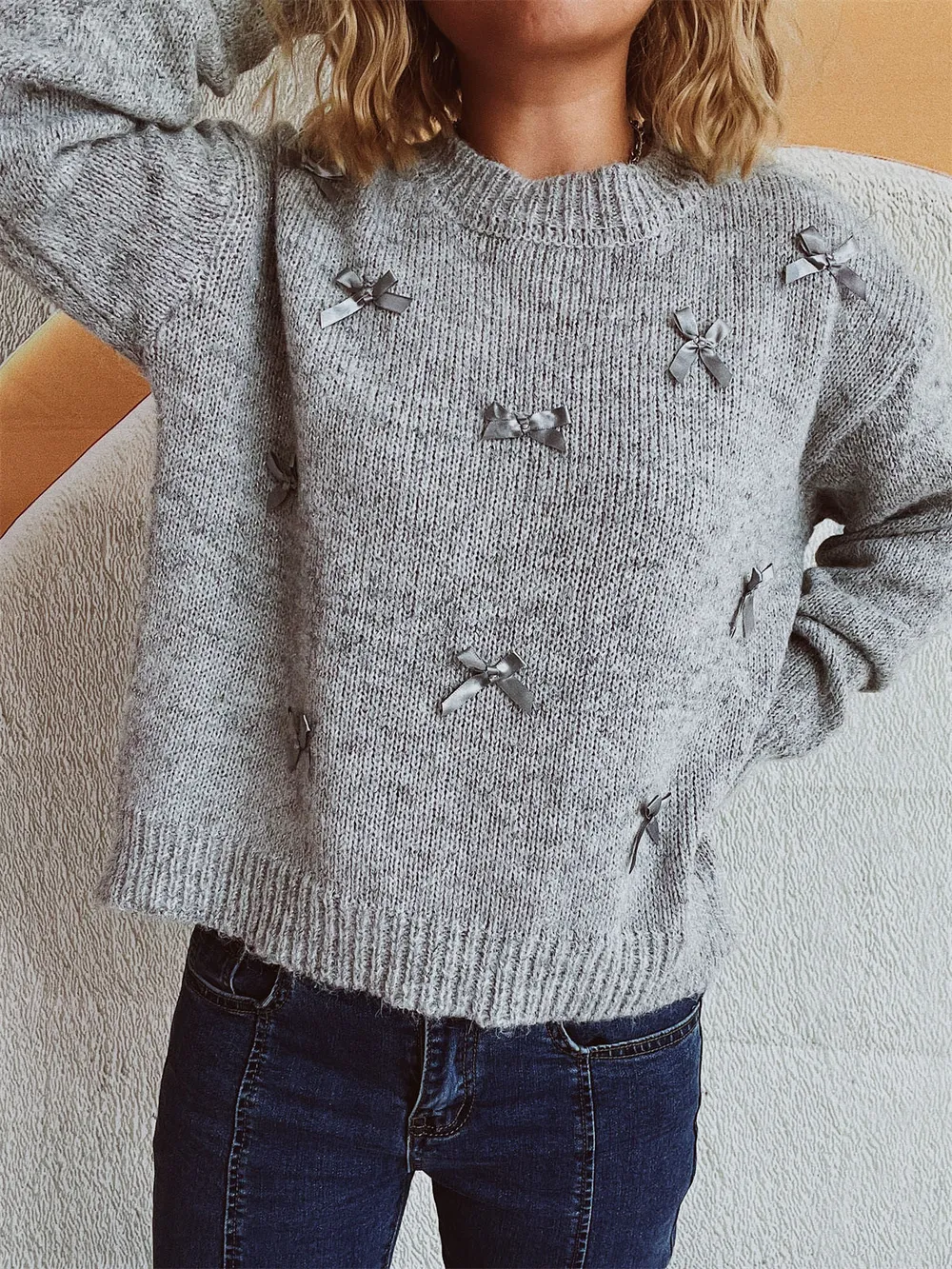Bow Trim Round Neck Long Sleeve Sweater, image 7
