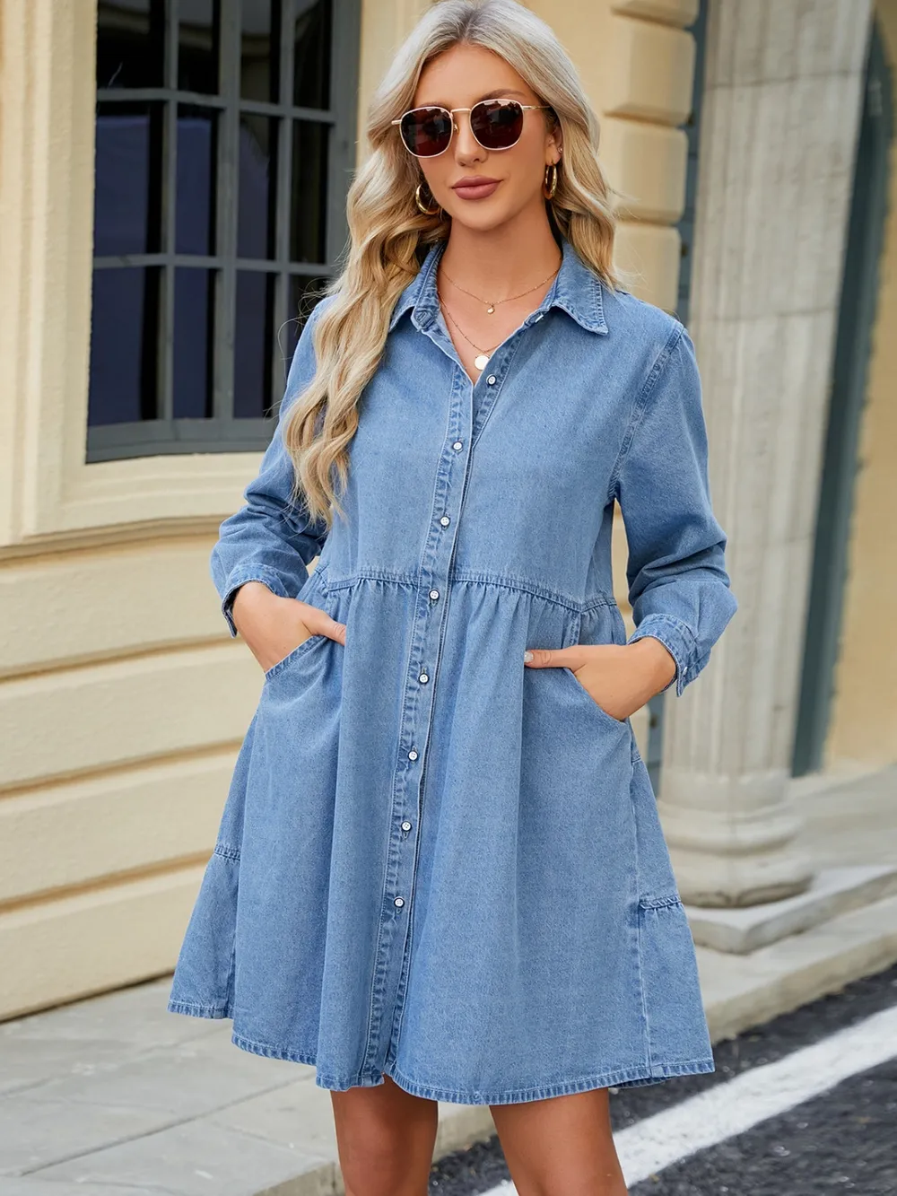 Tiered Button Up Long Sleeve Denim Dress, image 4