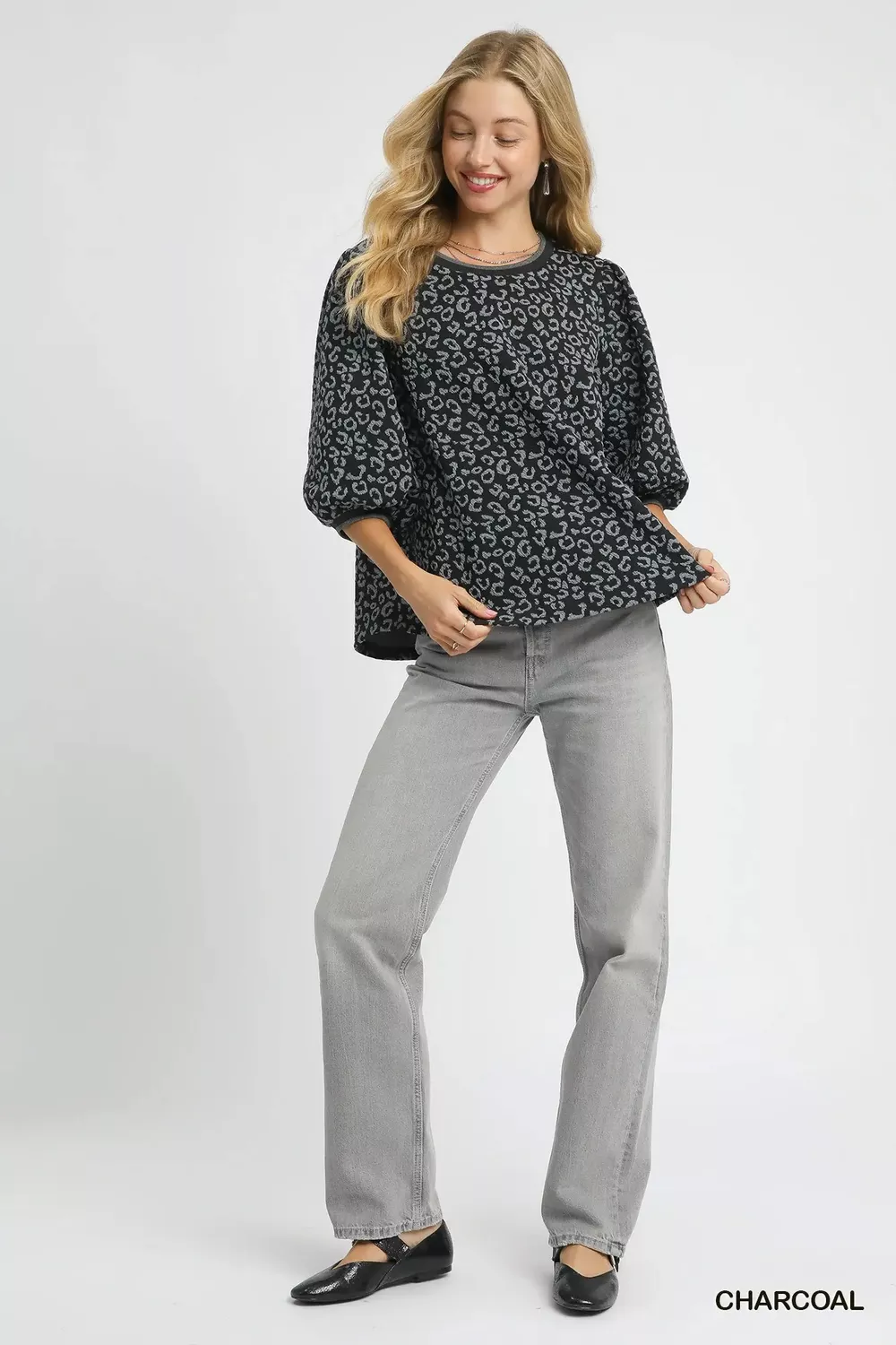 Leopard Print Jacquard Blouse with Puff Sleeves, image 4
