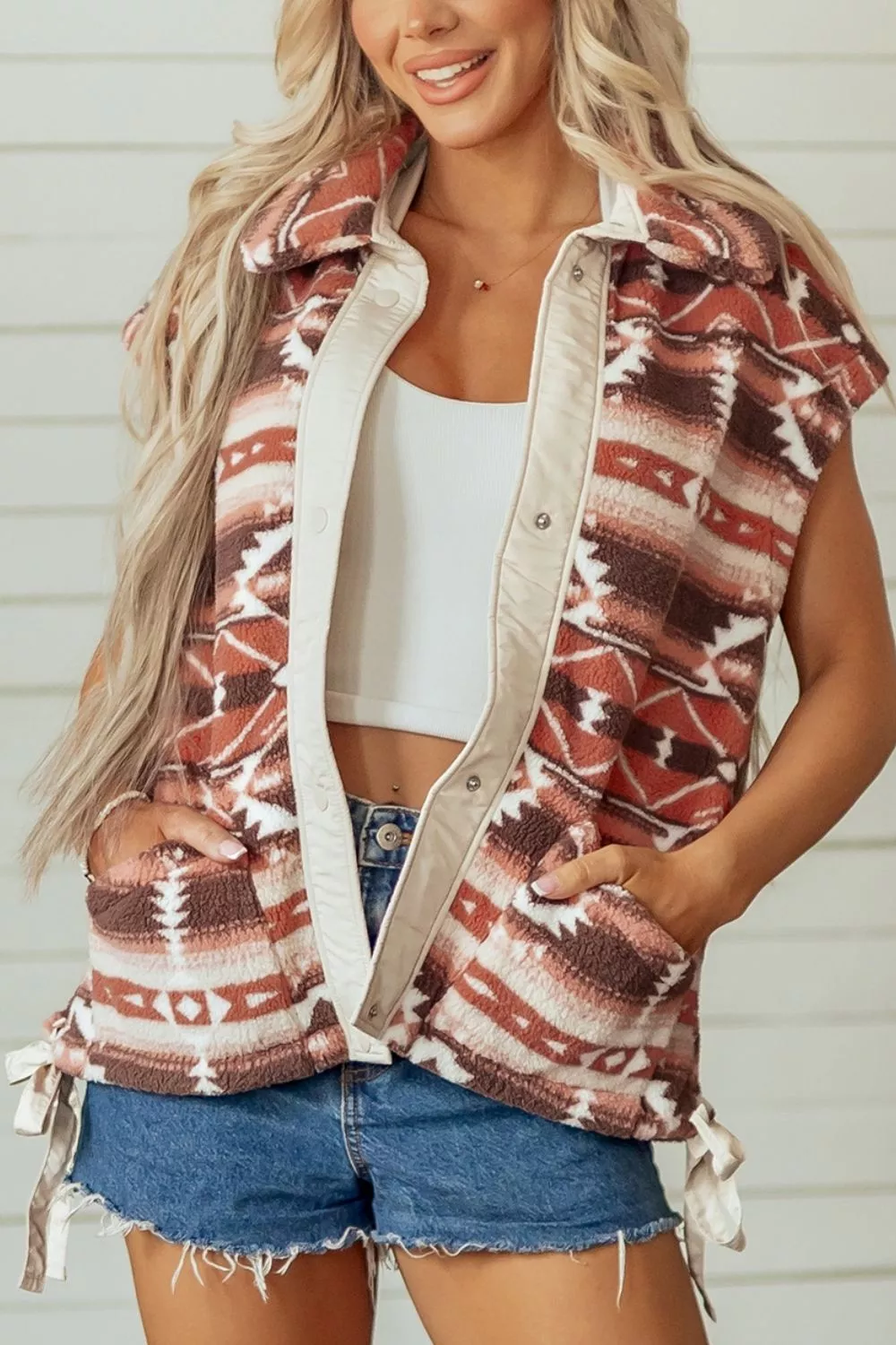 Geometric Print Fleece Metal Button Placket Shift Silhouette Vest, image 4
