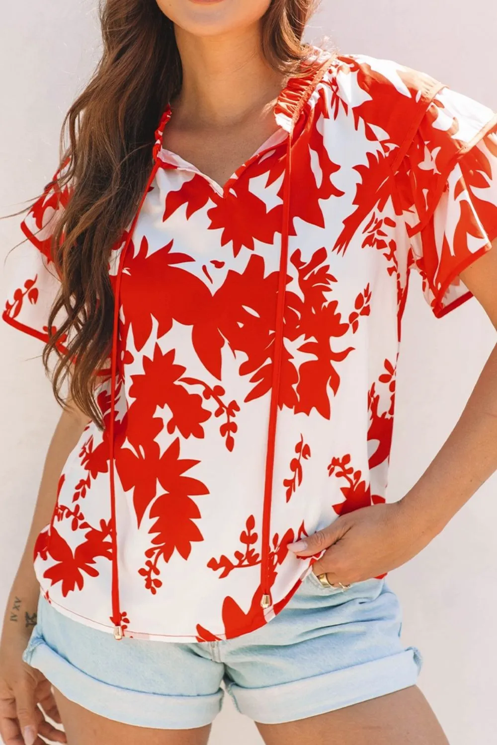 Plant Print Tiered Ruffled Sleeve Tie Neck Blouse, image 6